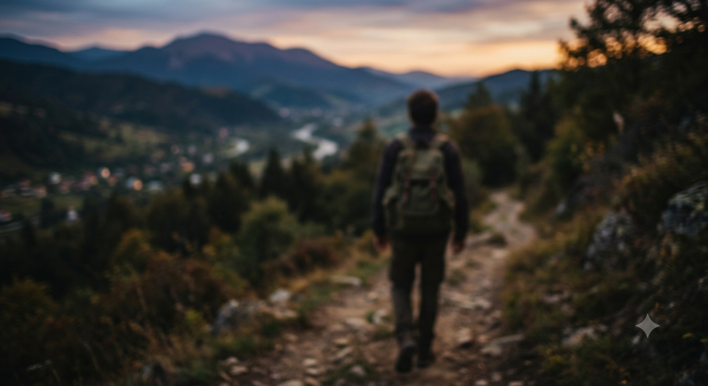 Hiker walking a mountain trail at dusk